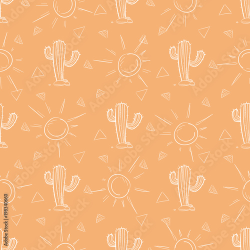 Chalk hand drawn cactus and sun seamless pattern