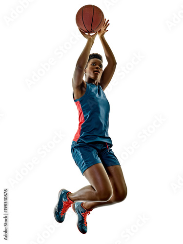 one african Basketball players woman teenager girl isolated on white background with shadows