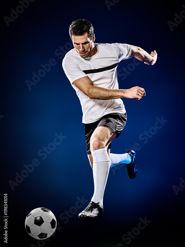 one caucasian soccer player man isolated on black background