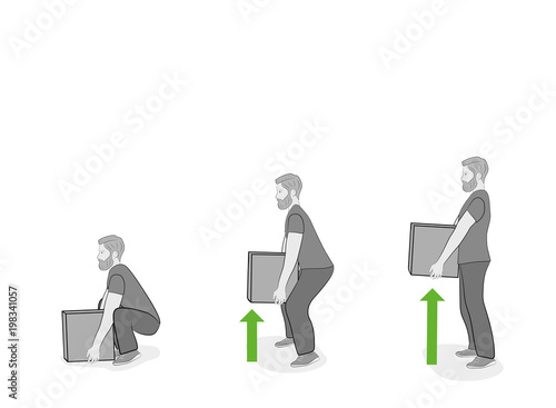 Correct posture to lift a heavy object safely. Illustration of health care. vector illustration 