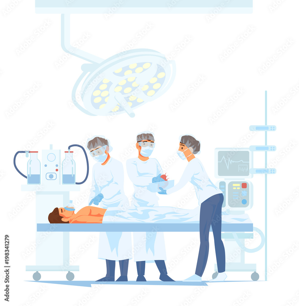 Medical Team Performing Surgical Operation in Modern Operating Room. Vector illustration of cartoon characters transplant human heart.