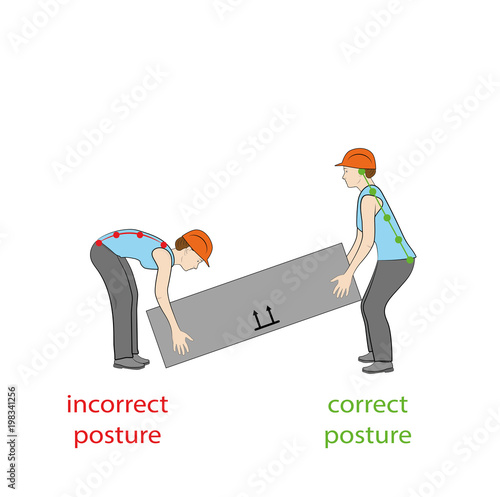 Correct posture to lift a heavy object safely. Illustration of health care. vector illustration 