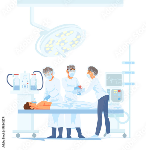 Medical Team Performing Surgical Operation in Modern Operating Room. Vector illustration of cartoon characters transplant human heart.
