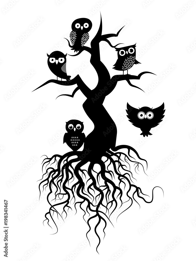 Old tree vector silhouettes with roots and owls Old tree vector silhouettes with roots and owls