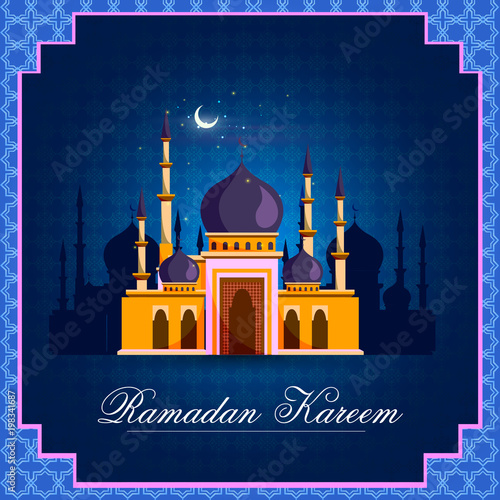Islamic design mosque door and window for Ramadan Kareem Happy Eid celebration background