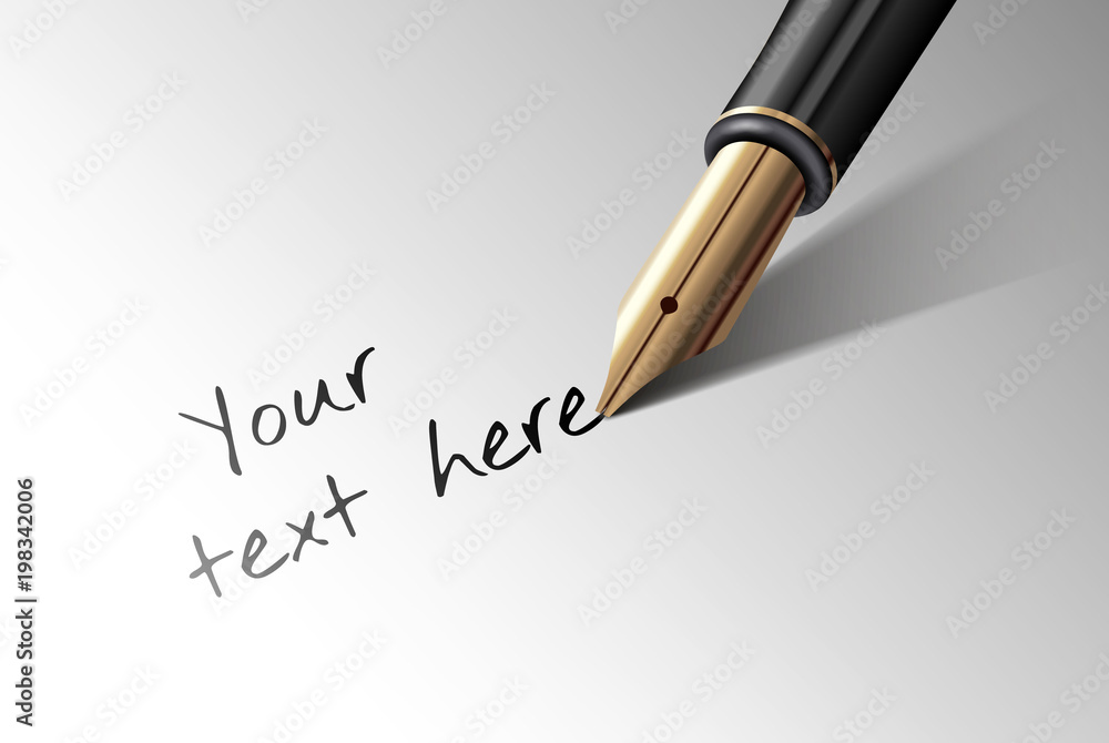 Vector realistic detail of gold elegant fountain pen writing message on paper - template for your text Vector realistic detail of gold elegant fountain pen writing message on paper - template for your text