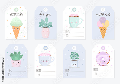 Vector collection of tags with cute objects