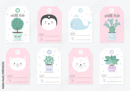 Vector collection of tags with cute objects