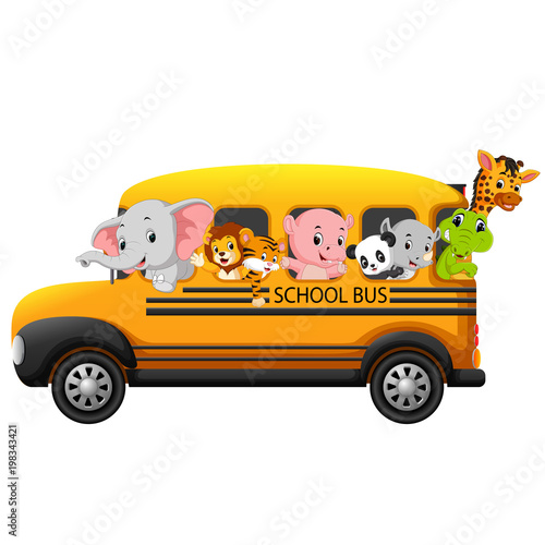 Illustration of school bus filled with animals