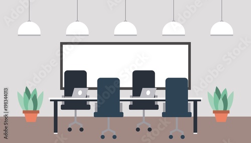 workspace interior - office meeting room table laptops chairs plants vector illustration