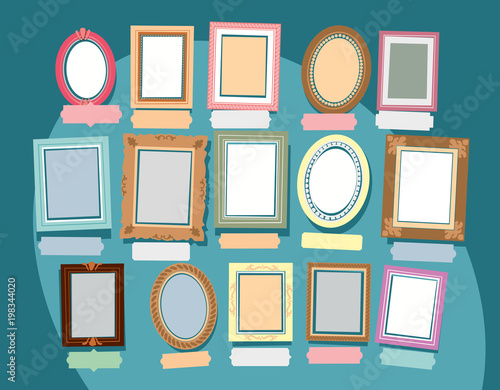 Painted different frames on a turquoise wall. Vector drawing
