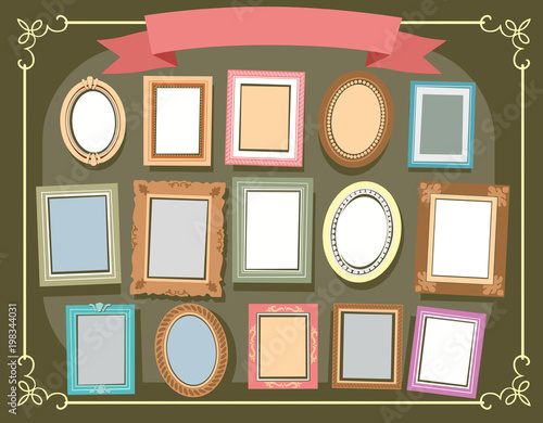 Painted different frames on an olive wall. Vector drawing