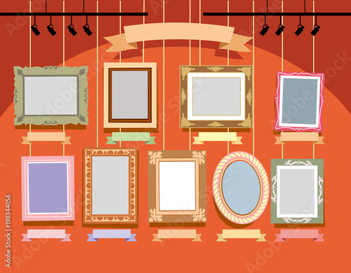 Painted different frames on an orange wall. Vector drawing