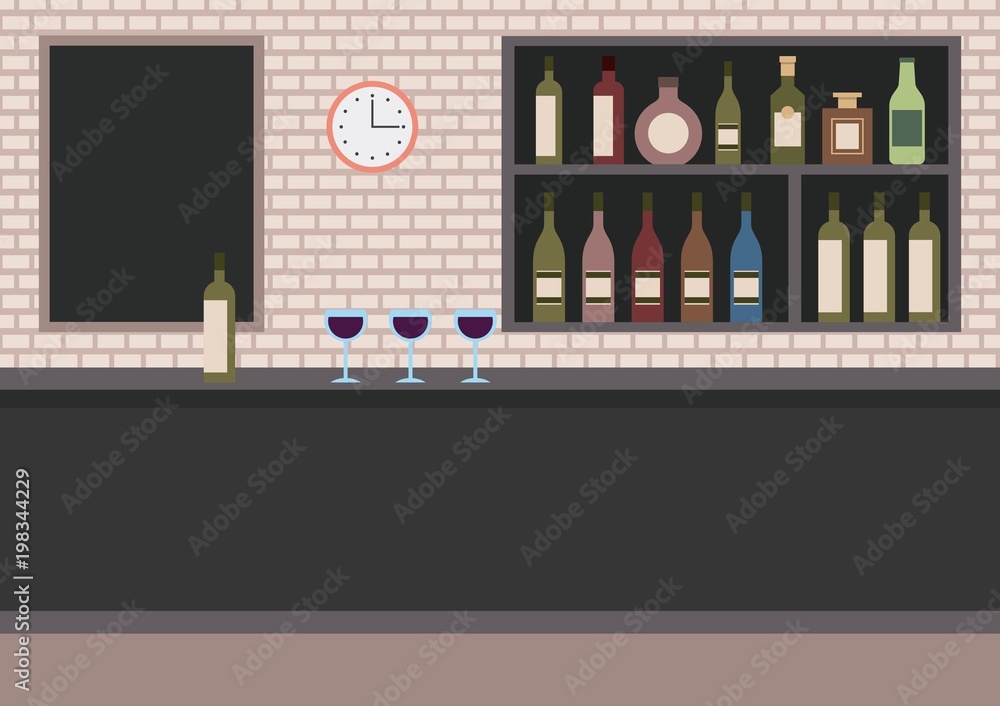 bar restaurant with counter wine cups and shelves with alcohol vector illustration