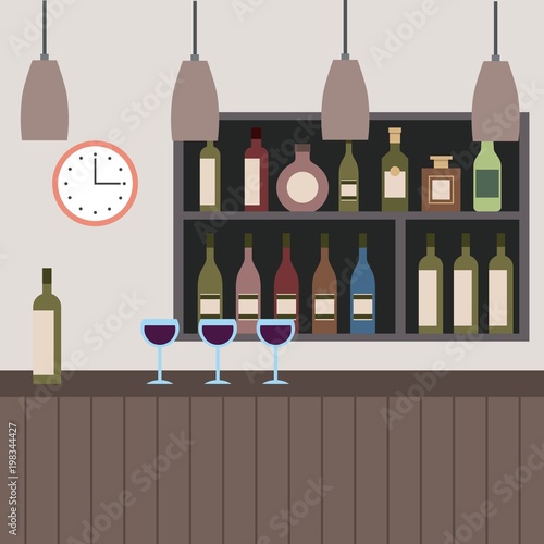 interior coffee shop bar counter wine cups and shelf with beverages clock vector illustration