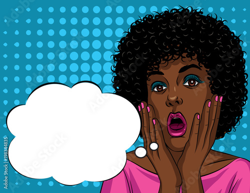 Colorful illustration in pop art style of beautiful african american woman's face in shock emotions. Stressful girl's face with open mouth and hands near face