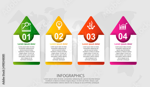 Modern vector illustration 3d. Rectangle template with an arrow with four elements. Contains icons and text. Designed for business, presentations, web design, diagrams with 4 steps