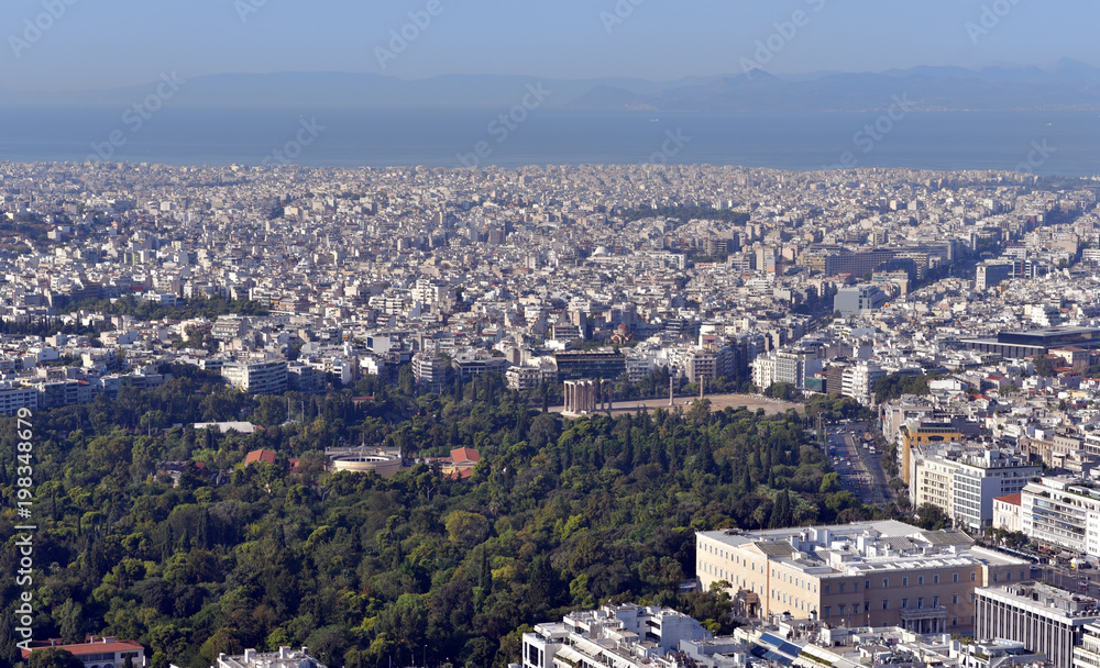 View over the city and Temple of Olympian Zeus from Lycabettus Hill, Athens Greece