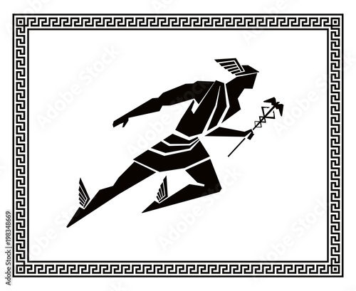 Flying Hermes in the Greek frame. Vector drawing