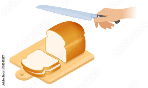 Flat isometric illustration of cutting board, a loaf of white bread, kitchen knife. Sliced pieces of bread on a wooden board, hand with bread knife cuts a loaf. The cookery, cutlery vector concept.