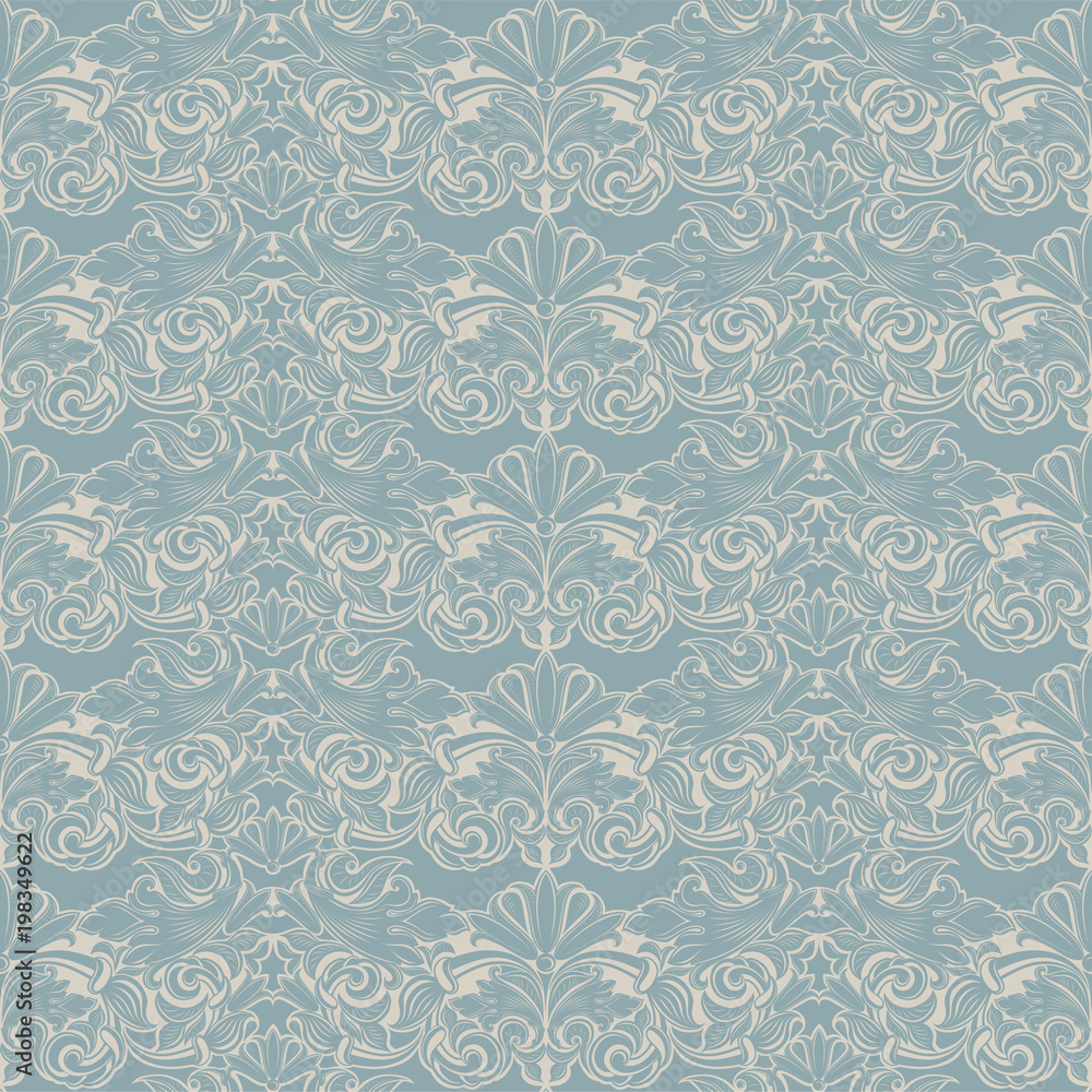 seamless Baroque pattern in light blue and white. Vintage, Rococo, damask patterns with leaves, floral elements. seamless Baroque pattern in light blue and white. Vintage, Rococo, damask patterns with leaves, floral elements.