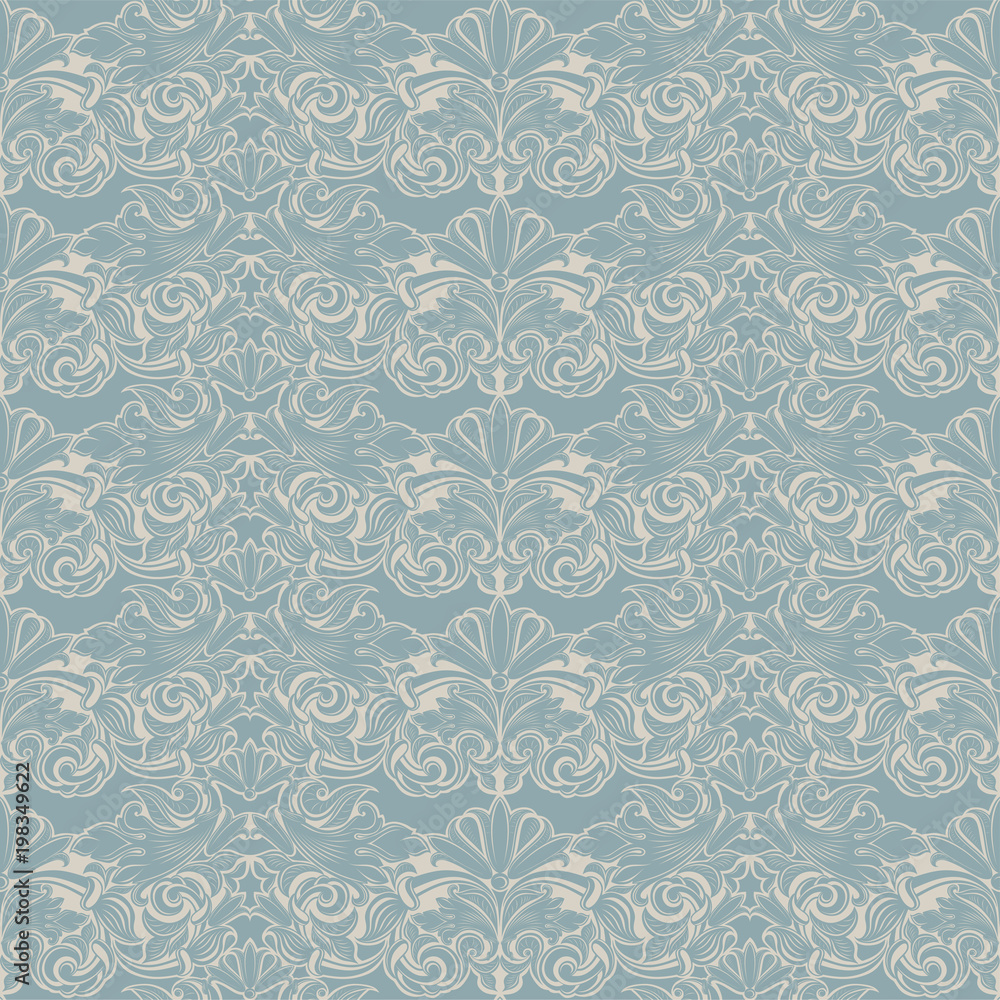 seamless Baroque pattern in light blue and white. Vintage, Rococo, damask patterns with leaves, floral elements.