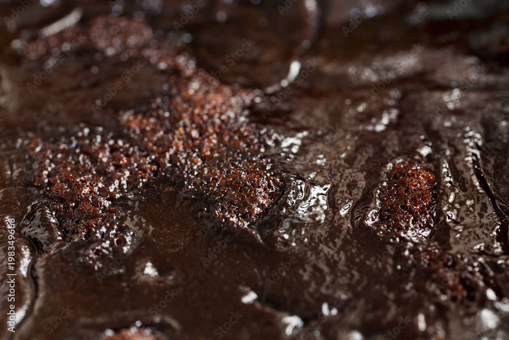 Traditional Finnish Easter dessert, mämmi, made of rye flour, seasoned salt, and Seville orange zest. Swedish memma pudding. Close up macro shot of mammi texture Selective focus Macro food photography Traditional Finnish Easter dessert, mämmi, made of rye flour, seasoned salt, and Seville orange zest. Swedish memma pudding. Close up macro shot of mammi texture Selective focus Macro food photography