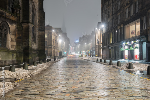 Deserted Royal Mile on a Foggy Winter Night. Edinburgh, Scotland, UK photo