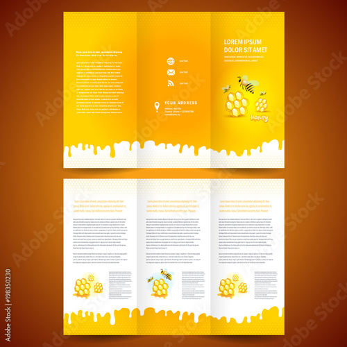 Honey Brochure design template tri-fold mead bee honeycomb element yellow colo