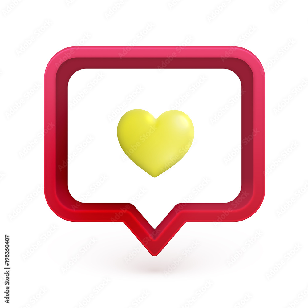 Realistic 3D speech bubble with colorful 3D heart, vector illustration