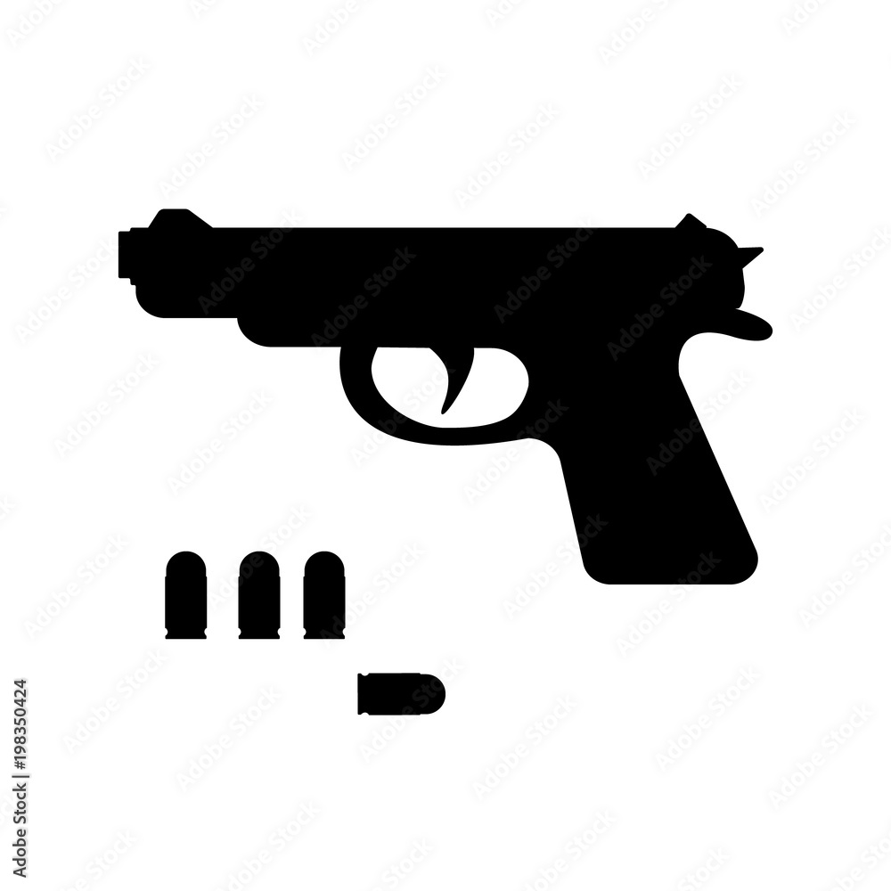 Vecteur Stock Black icon of firearms and bullets. Gan and ammo. A pistol  weapon close-up. Gan and bullets isolated on white background. Vector  illustration.