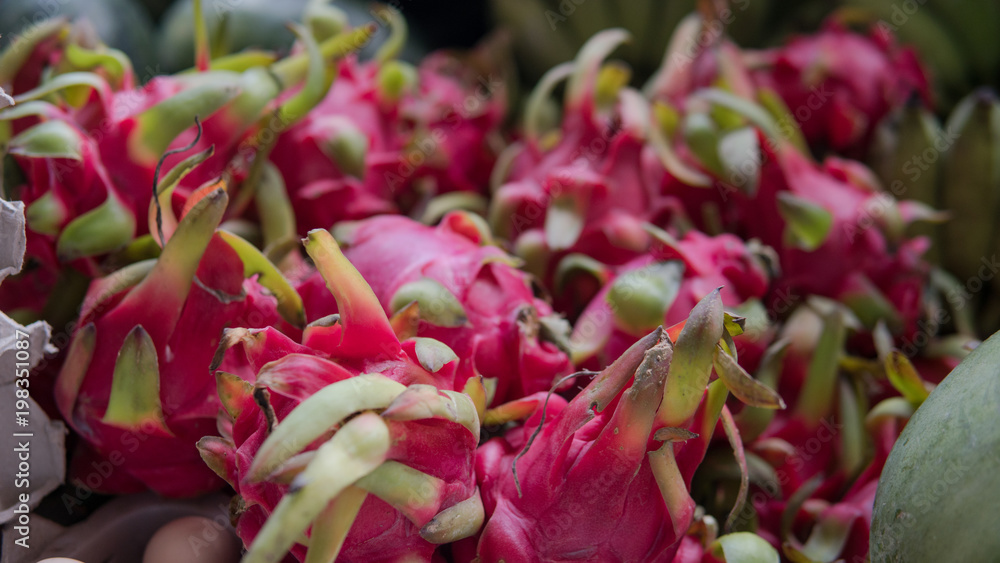 dragon fruit for sale close-up. Most .popular fruits in Vietnam and Thailand