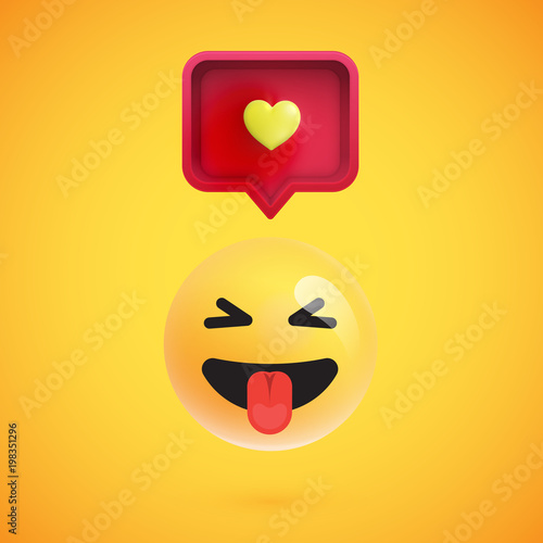 Funny 3D emoticon with 3D speech bubble and a heart, vector illustration