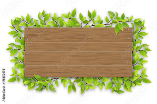 Empty wooden sign with space for text on a background of tree branches with green leaves. The template for a banner or an advertisement for a seasonal discount.