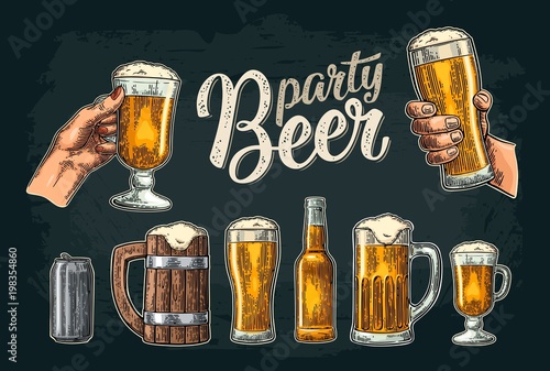 Two hands holding beer glasses mug. Glass, can, bottle. Vintage vector engraving illustration for web, poster, invitation to beer party. Isolated on dark background