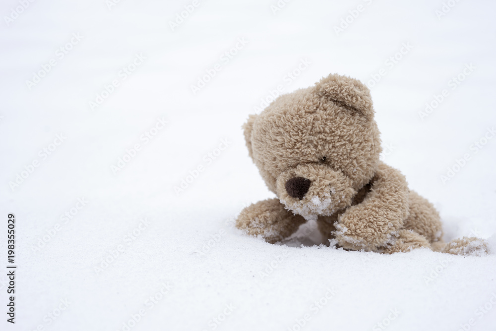 One Teddy bear sitting alone on snow during winter time, A cute brown bear  climbing on cold snow with blurry wooden wall, Kid soft toy lost in the  park Stock Photo