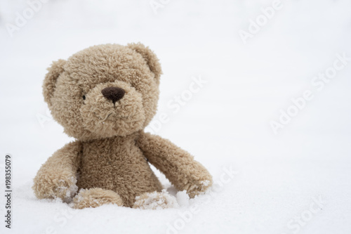One Teddy bear sitting alone on snow during winter time, A cute brown bear seated in the snowon cold snow with blurry wooden wall, Kid soft toy lost in the park