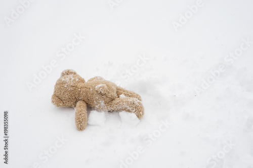 Rear view Teddy bear lying alone on snow during winter time, One Brown bear laydown on cold snow, Kid soft toy lost in the park photo