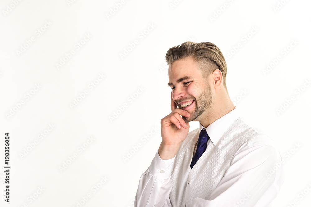 Businessman with smiling face wears classic clothes, copy space. Businessman with smiling face wears classic clothes, copy space.