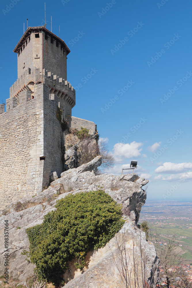 Tower fortress on rock. Guaita, San Marino