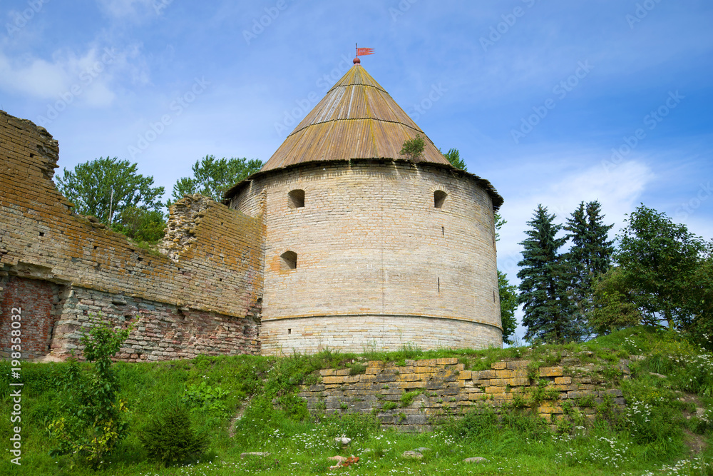 The Royal tower of the Oreshek Fortress close up on a sunny August day. Shlisselburg, Russia