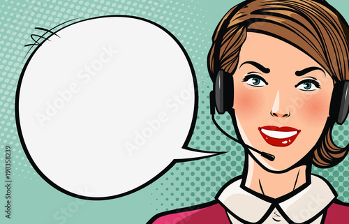 Beautiful girl or young woman with headset says. Call center, support, business concept. Cartoon vector illustration