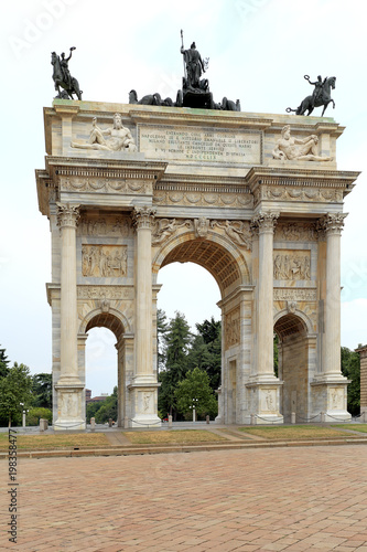 Italy, Milan historic quarter - Arch of the Peace at the Piazza Sempione square near the Castello Sforzesco castle