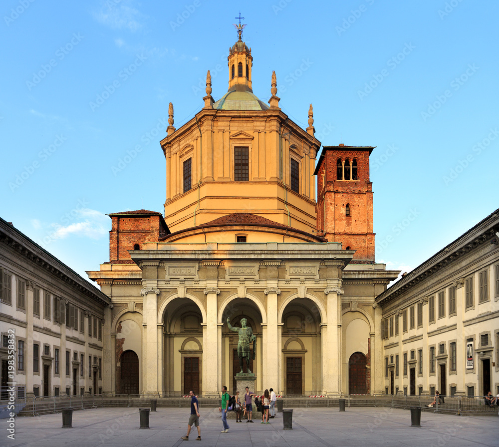 Milan, Italy - Exterior view of Basilica of San Lorenzo and the statue of Constantin by the Corso di Porta Ticinese