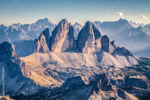 Tre Cime di Lavaredo peaks in the Dolomites at sunset, South Tyrol, Italy