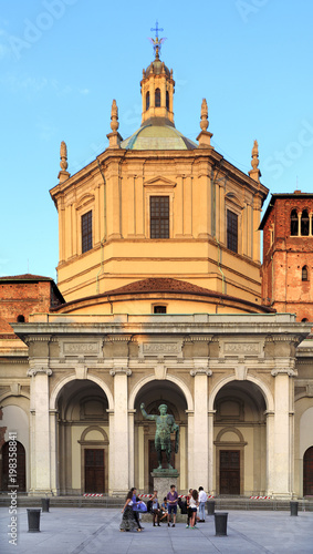 Milan, Italy - Exterior view of Basilica of San Lorenzo and the statue of Constantin by the Corso di Porta Ticinese