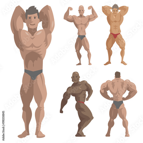 Bodybuilder sportsman vector characters muscular bearded man fitness male strong athlets model posing bodybuilding sport gym cartoon style illustration