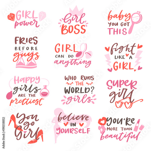 Girls sign vector girlie lettering and beautiful female text or girlish fashion template print illustration set of girlhood or girly beauty typography isolated on white background