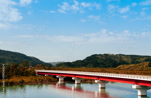 Red bridge over Urauchi river and mangrove forest in - Iriomote island, Okinawa