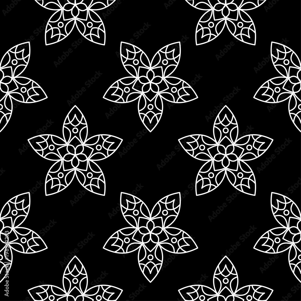 White floral seamless pattern on black background White floral seamless pattern on black background